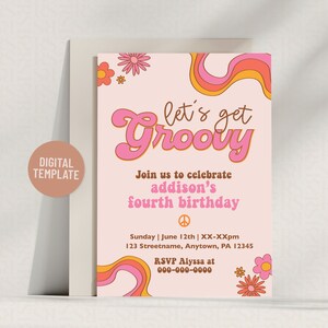 Let’s Get Groovy Birthday Party Invitation Editable Pink Template 5x7 ...