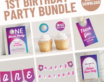 Retro Disco 1st Birthday Party Pack for Girls | Editable Printable Templates | Instant Download