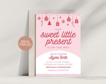 Invitación navideña de bastones de caramelo para baby shower: rosa y rojo (descarga digital)