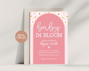 Plantilla editable de invitación para baby shower con diseño de margaritas rosas "Baby in Bloom" - Descarga digital de celebración floral para niña de 5 x 7