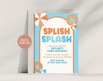 Invitación a fiesta en la piscina tropical "Splish Splash": plantilla digital editable para la celebración del cumpleaños de verano de un niño