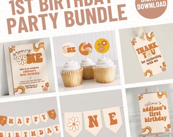 Retro Groovy First Birthday Party Pack Bundle | Editable Boho Daisy Flower Templates | Instant Download