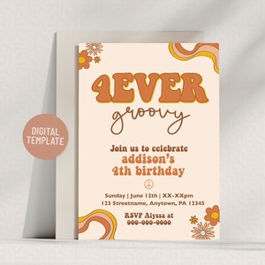 Boho 4Ever Groovy Fourth Birthday Party Invitation | Editable Template 5x7 Instant Download