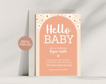 Plantilla de invitación para baby shower con margaritas: Boho rosa suave (descarga digital)