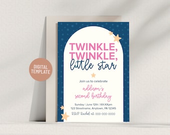 Girl's Twinkle Twinkle Little Star Birthday Party Invitation Editable Template 5x7 Instant Digital Download