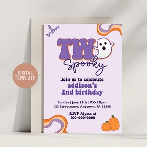Two Spooky Girl&#39;s Halloween Theme Second Birthday Party Invitation Editable Template 5x7 Instant Download