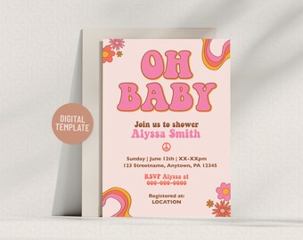 Invitación para baby shower con flores rosas retro de Groovy Oh Baby / Plantilla editable de 5 x 7 Descarga digital