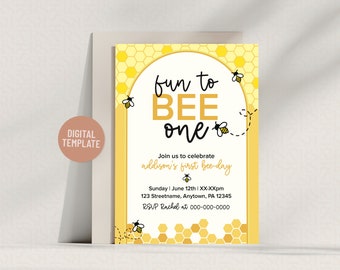 Editable Bee Theme 1st Birthday Invitation | 5x7 Digital Template for Bumble Party Celebration