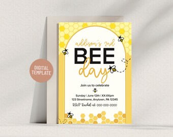 Invitación a fiesta de cumpleaños para celebrar el Día de las Abejas / Plantilla editable 5x7 Descarga digital instantánea