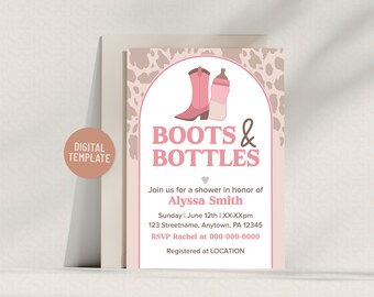 Invitación para baby shower de vaquera rosa: temática de botas y botellas (descarga digital)