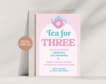 Invitación para fiesta de té de tercer cumpleaños: Tema de niña rosa (Plantilla digital)