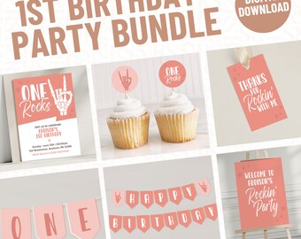 Girl's Pink One Rocks 1st Birthday Party Bundle (Digital Download)
