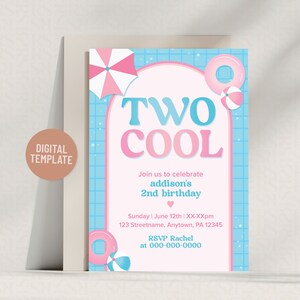 Pink Tropical Pool Party "Two Cool" Invitation | Editable 5x7 Template for Girl's 2nd Birthday | Instant Download