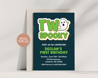 Dos invitaciones de cumpleaños espeluznantes: temática de fantasmas, segundo cumpleaños de niño (plantilla editable, descarga digital)