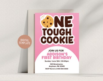 Customizable Pink 'One Tough Cookie' 1st Birthday Invitation Template for Girls - Digital 5x7 Instant Download