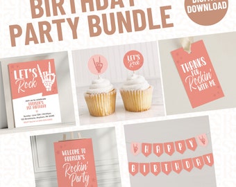 Girl's Pink Let's Rock, Rock and Roll Theme Birthday Party Bundle Pack for Any Age | Editable Templated Printable Digital Download