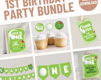 Paquete de invitación para fiesta de primer cumpleaños de golf Hole In One / Plantilla digital editable Descarga instantánea