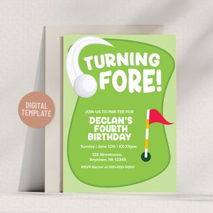 Invitación editable para el cuarto cumpleaños de un niño con temática de golf / Plantilla digital de 5 x 7 / Descarga instantánea