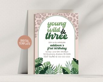 Young, Wild, and Three Third Birthday Party Safari Invitation Editable Template 5x7 Instant Download