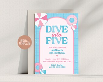 Pool Party Invitation: Dive Into Five, Girl's 5th Birthday (Editable Template)