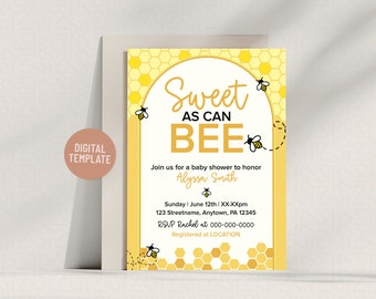 Plantilla editable de invitación para baby shower con temática de abejas / Descarga digital instantánea de 5 x 7