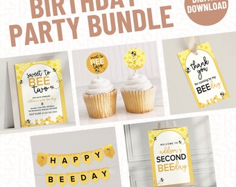 Paquete de dos lindas invitaciones para fiesta de segundo cumpleaños de Sweet to Bee / Plantilla digital editable Descarga instantánea