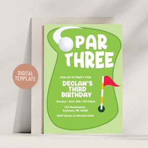 Feiere einen Drei 3.Geburtstag | Golf-Party Einladung | Bearbeitbare 13x18 Vorlage | Sofortiger digitaler Download