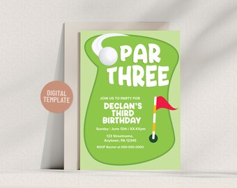 Celebre el tercer cumpleaños con un par tres / Invitación a una fiesta de golf / Plantilla editable de 5 x 7 / Descarga digital instantánea