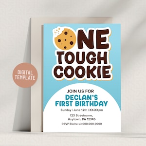 Customizable Blue &#39;One Tough Cookie&#39; 1st Birthday Invitation Template for Boys - Digital 5x7 Instant Download