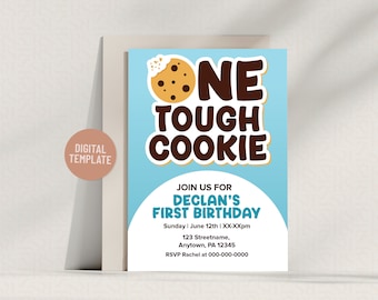 Plantilla de invitación personalizable para el primer cumpleaños de un niño con el lema 'One Tough Cookie' (azul) - Descarga instantánea digital de 5 x 7