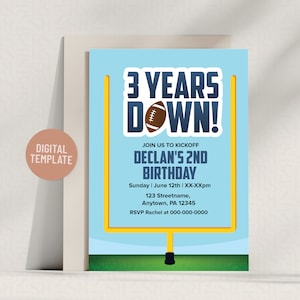 Three Years Down 3rd Birthday Party Football Theme Invitation | Editable Template 5x7 Instant Download