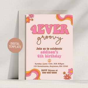 Pink 4Ever Groovy Fourth Birthday Party Invitation | Editable Template 5x7 Instant Download