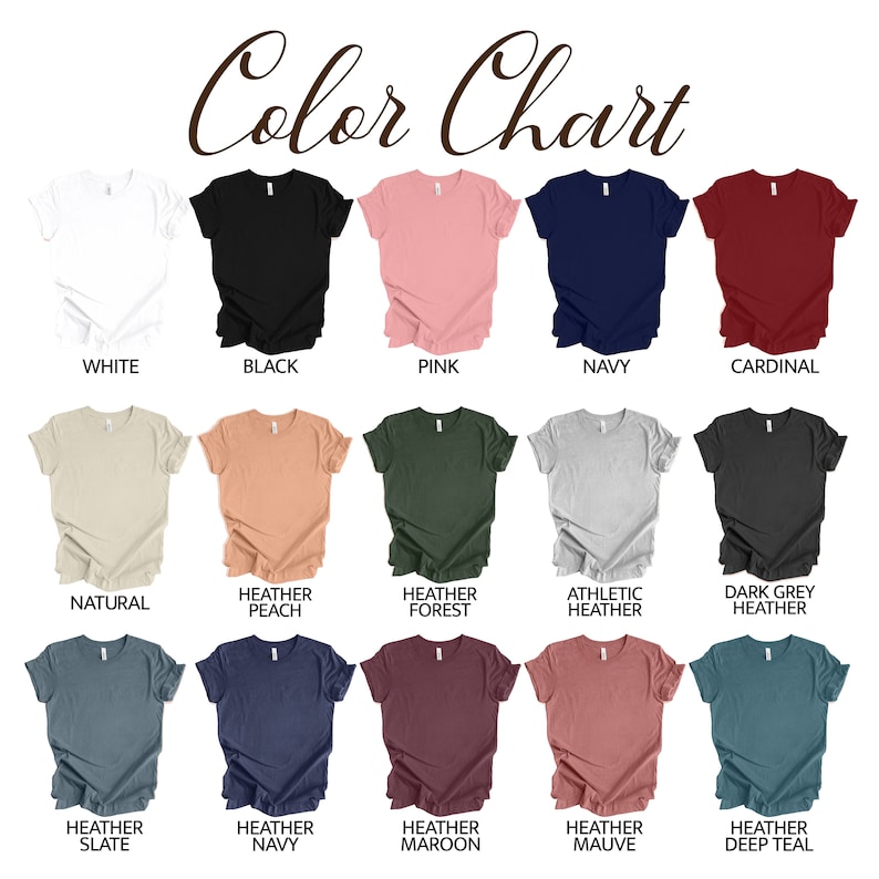 Pode incluir: Carta de cores que mostra 15 cores diferentes de t-shirts. As cores s&atilde;o: branco, preto, rosa, azul marinho, cardeal, natural, p&ecirc;ssego mesclado, floresta mesclada, mesclado atl&eacute;tico, cinza mesclado escuro, ard&oacute;sia mesclado, azul marinho mesclado, vinho mesclado, malva mesclado e azul teal mesclado.