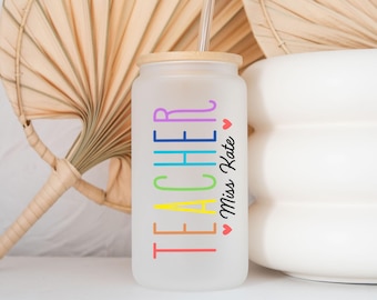Personalisierter Lehrer Becher, Benutzerdefinierte Lehrer Wertschätzung Geschenk, Benutzerdefinierte Glas mit Strohhalm, Kaffeeglas für Lehrer, Eiskaffeetasse mit Deckel