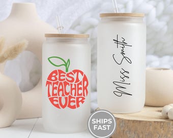 Personalized Teacher Tumbler, Custom Teacher Appreciation Gift, Custom Glass with Straw, Coffee Glass for Teachers, Iced coffee cup with lid