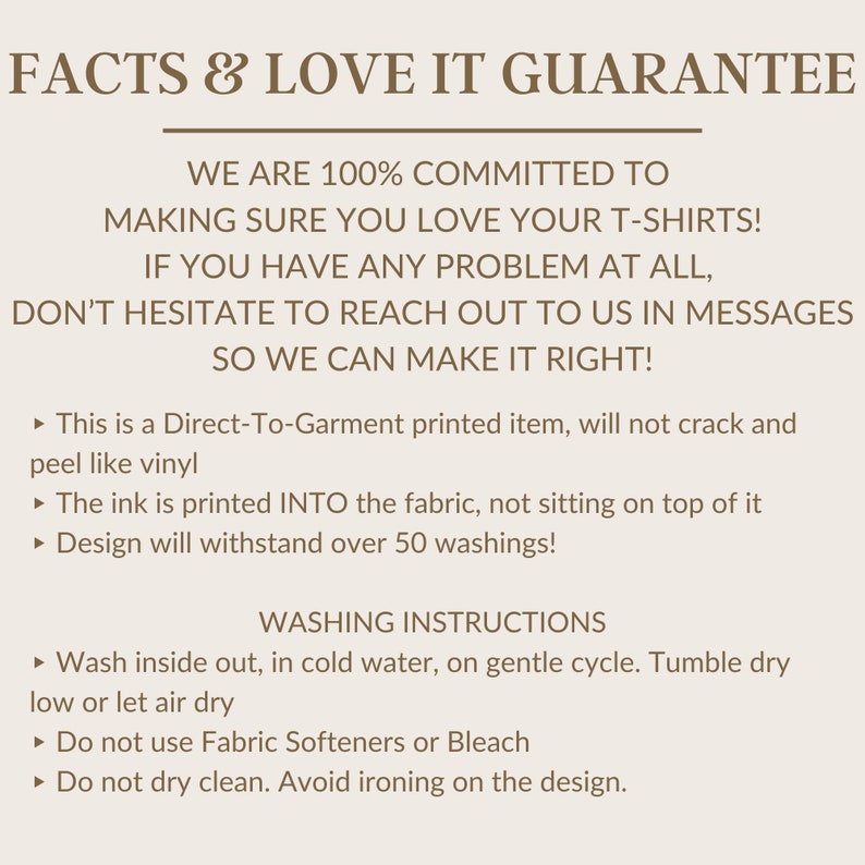 Pode incluir: Texto sobre um fundo branco que diz "FACTS & LOVE IT GUARANTEE" e explica que o vendedor est&aacute; comprometido com a satisfa&ccedil;&atilde;o do cliente. O texto tamb&eacute;m inclui detalhes sobre o processo de impress&atilde;o, as instru&ccedil;&otilde;es de lavagem e uma garantia de que o design resistir&aacute; a m&uacute;ltiplas lavagens.