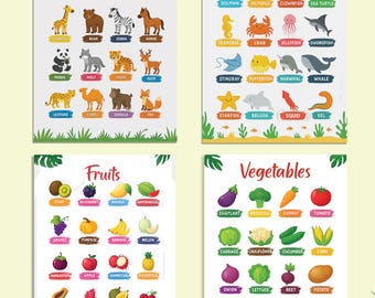 Láminas educativas de frutas, verduras y animales marinos (juego de 4) para decoración de habitaciones infantiles y aulas.