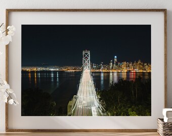 Impresión fotográfica del puente de la bahía de San Francisco de noche, arte mural de paisaje urbano