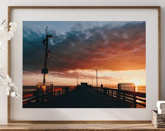 Impresión de atardecer en el muelle de Newport Beach, fotografía costera, arte mural del condado de Orange