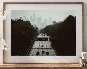 Fotografía impresa del centro de Los Ángeles, escena del atardecer en la autopista