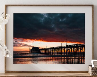 Impresión de atardecer en el muelle de Newport Beach, fotografía costera, arte mural del condado de Orange