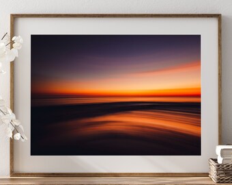 Fotografía de atardecer costero impresa, arte oceánico de larga exposición