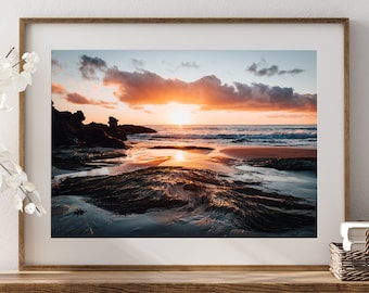 Arte mural costero con atardecer en Laguna Beach, impresión oceánica, sur de California, decoración de pared