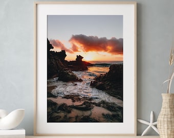 Impresión de arte mural de playa al atardecer en Laguna, fotografía oceánica, decoración de sala de estar costera, hora dorada