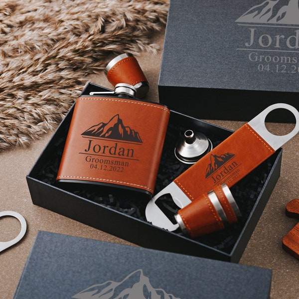 Personalized Engraved Leather Flask Bottle Opener Set,Custom Gift for Boyfriend or Husband,groomsmen gifts,best man gift,groomsmen team
