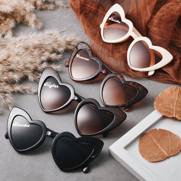 Lunettes de soleil personnalisées en forme de coeur pour la fête de la mariée, lunettes en forme de coeur personnalisées, cadeaux personnalisés pour demoiselle d'honneur, souvenirs de fête