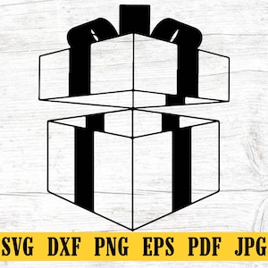 May include: A black and white illustration of an open gift box with a bow on top. The box is shown in a perspective view, with the top of the box open and the bottom of the box visible.