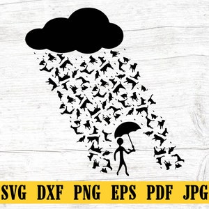 May include: Black and white silhouette of a cloud raining down a multitude of dogs, with a person holding an umbrella standing below.
