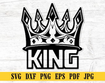 May include: Black and white graphic design of a crown with the word "KING" underneath.