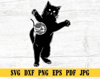 Katze spielen, Wollknäuel und Katze, süße Katze SVG, Katze SVG, schwarze Katze Clipart, Kitty SVG, Kätzchen svg, Katze Silhouette